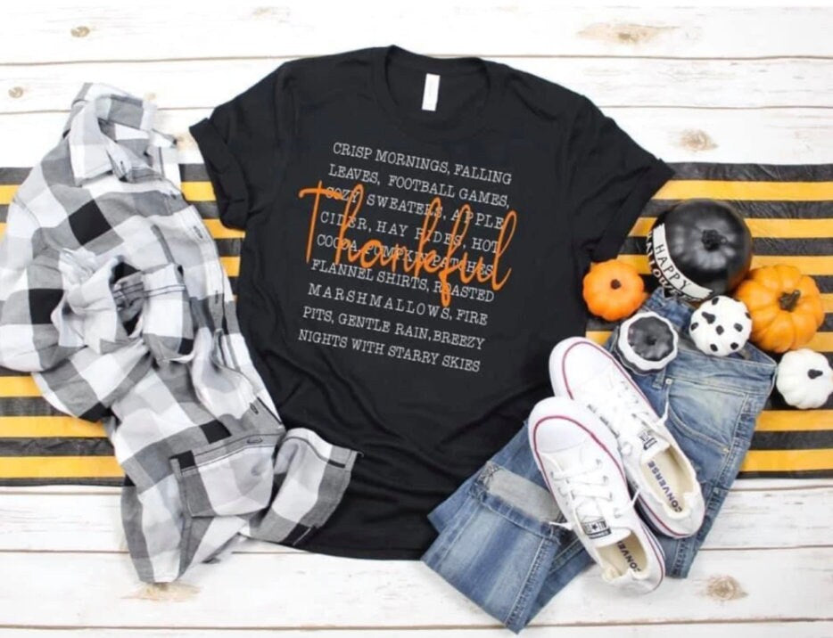 Thankful Hay Rides Crisp Mornings Falling Leaves T Shirt | Autumn Graphic Tee | Fall Graphic Tees for Her | Fall Shirts for Women